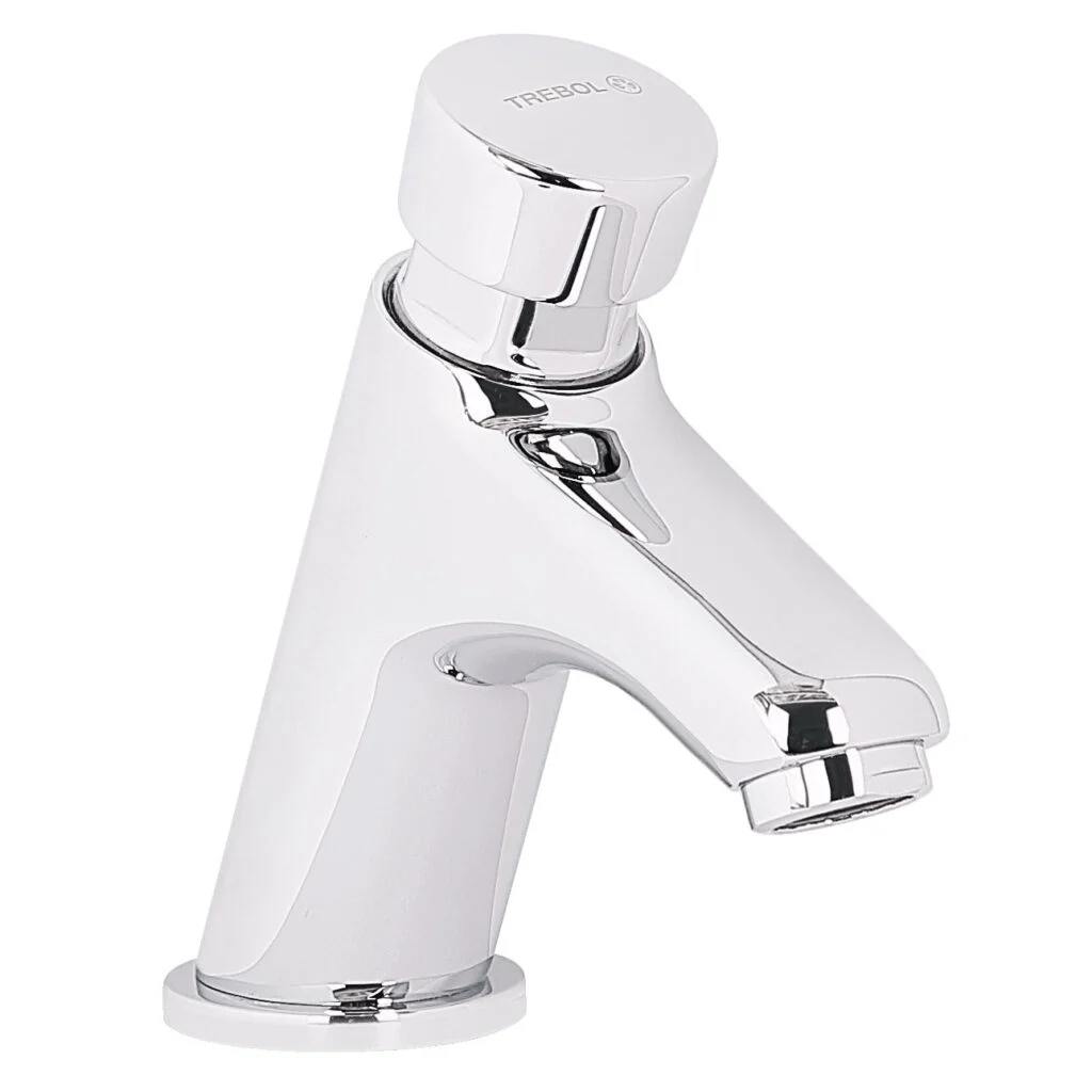 GRIFERÍA TREBOL NEOPLUS LLAVE DE ½” TEMPORIZADA PICO LARGO PARA LAVATORIO CROMO