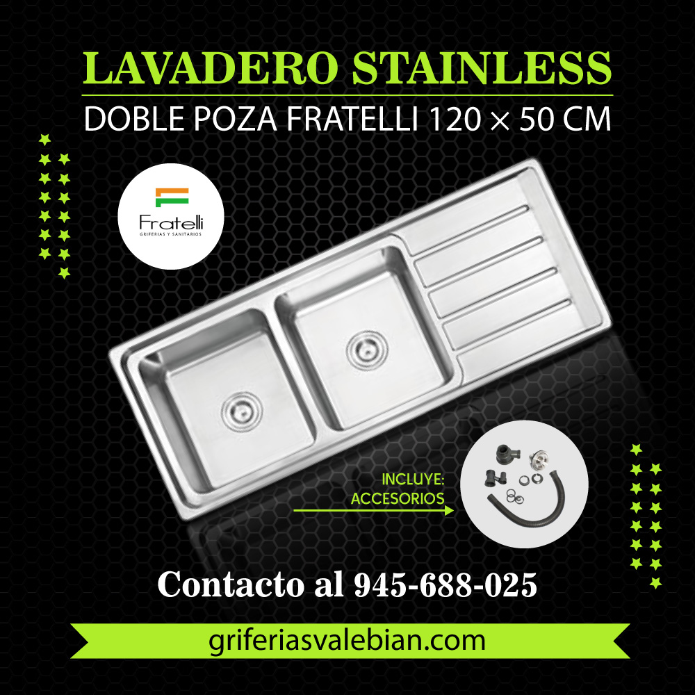 Lavadero Stainless Doble Poza Fratelli 120 × 50 cm